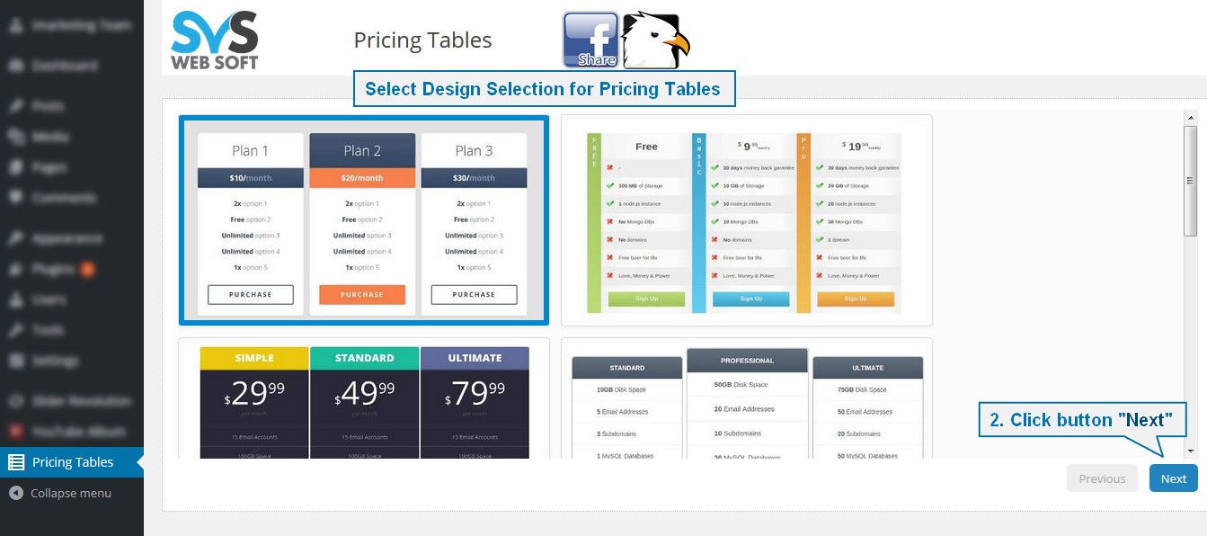 SVS Pricing Tables