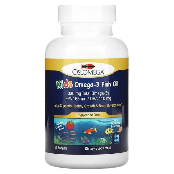 Oslomega, Kids Omega-3 Fish Oil, Natural Strawberry Flavor, 60 Fish Gelatin Softgels