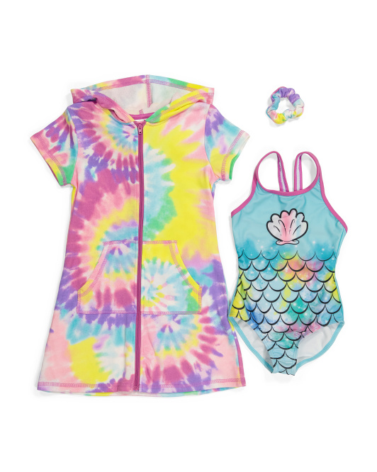 Girls 3pc Swimsuit Cover-up And Scrunchie Set