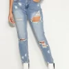 Medium Wash High Rise Ripped Two Tone Mom Jeans