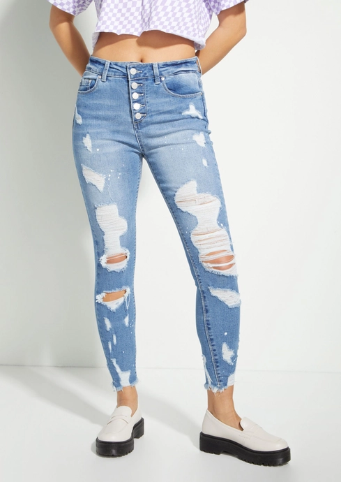 Medium Wash High Rise Exposed Button Ripped Jeggings