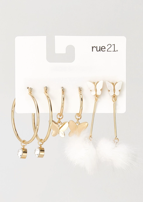 3-Pack Gold Butterfly Pom Earring Set