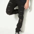 Black Rip Repair Rhinestone Backed Skinny Jeans