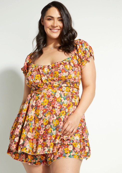 Plus Floral Print Romper With Tiered Skirt Overlay