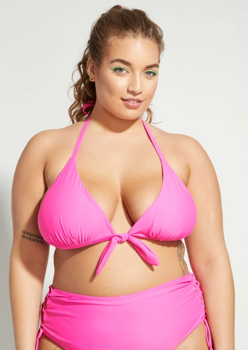 Plus Neon Fuchsia Tie Front Triangle Swim Top