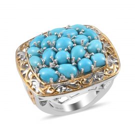 AMERICAN Natural Sleeping Beauty Turquoise and Zircon Cluster Ring in Vermeil YG & Platinum Over Sterling Silver 6.85 ctw