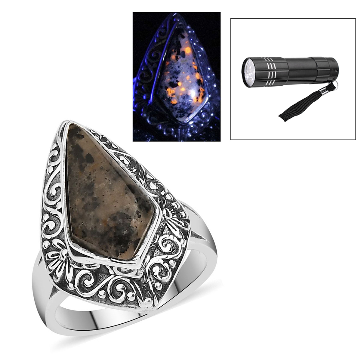 Artisan Crafted Natural Yooperlite Ring in Sterling Silver 6.75 ctw with Free UV Torch