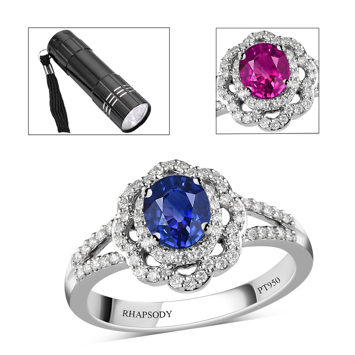 RHAPSODY 950 Platinum AAAA Tanzanian Color Change Sapphire and E-F VS Diamond Split Shank Floral Ring 5.35 Grams 1.15 ctw with Free UV Torch