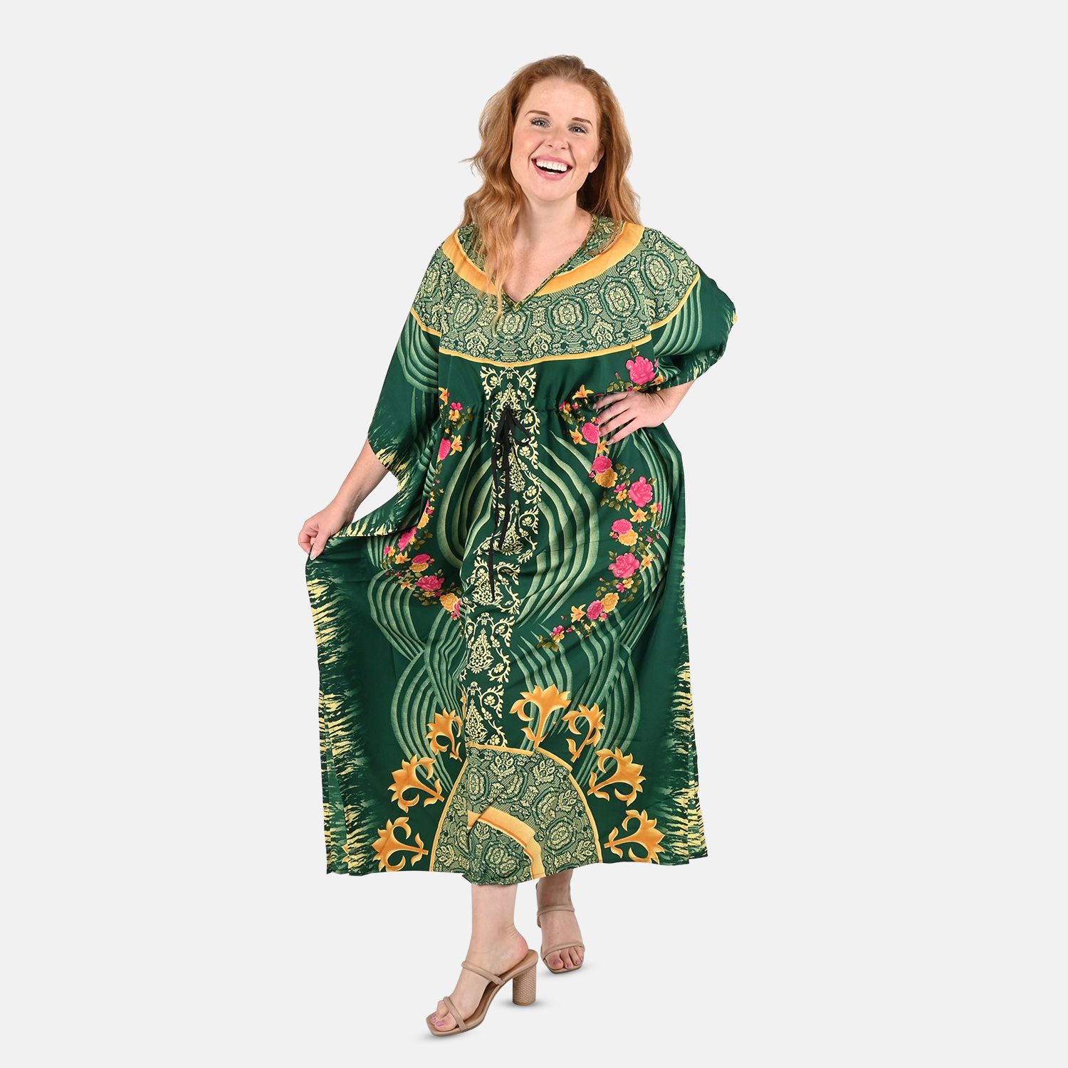 TAMSY Green Ornate Printed Long Kaftan – One Size Fits Most
