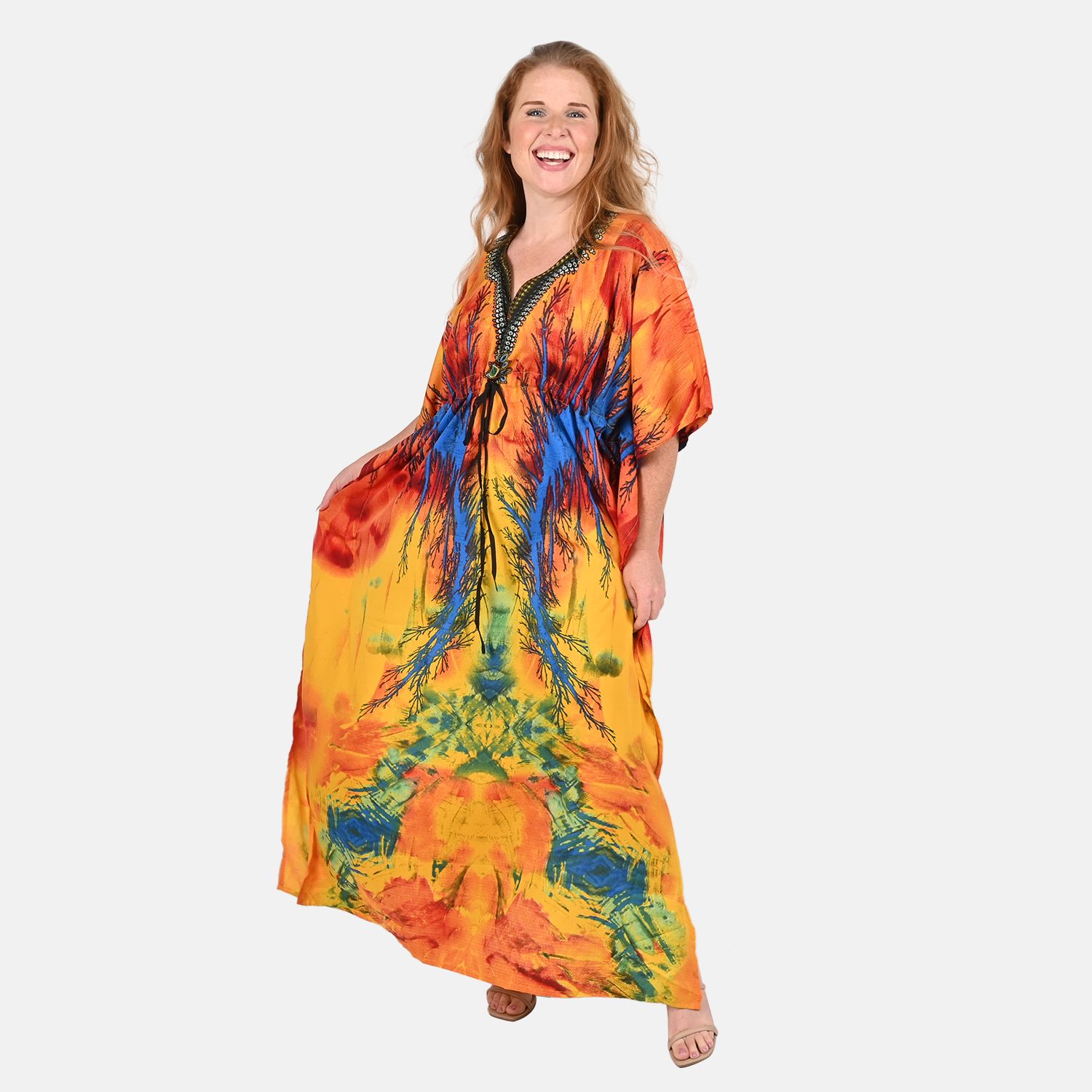 TAMSY Red and Yellow Abstract Printed Long Kaftan – One Size Fits Most