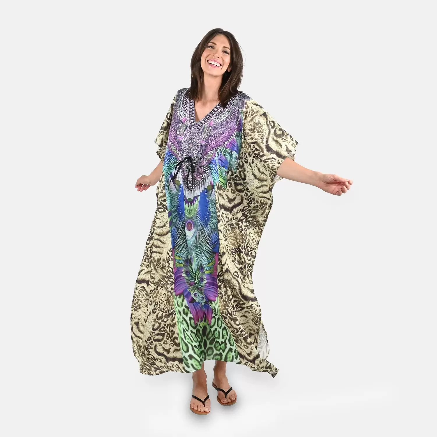 TAMSY Olive Animal Printed Long Kaftan with Drawstring – One Size Fits Most