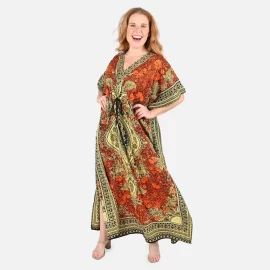 TAMSY Orange Baroque Printed Long Kaftan – One Size Fits Most